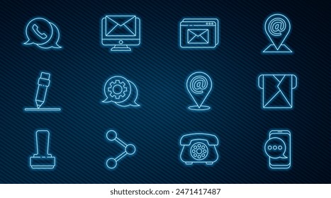 Set line Chat messages notification on phone, Envelope, Website and envelope, Speech bubble chat, Pencil with eraser, Telephone speech, Location mail e-mail and Monitor icon. Vector