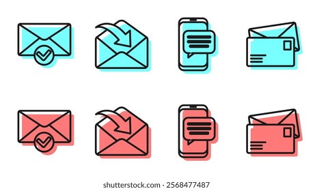 Set line Chat messages notification on phone, Envelope and check mark, Envelope and Envelope icon. Vector