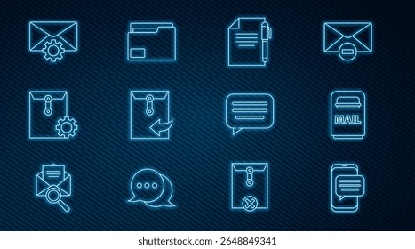 Set line Chat messages notification on phone, Mail box, Document and pen, Envelope, setting, Speech bubble chat and folder icon. Vector