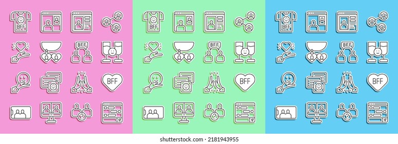 Set line Chat messages on laptop, BFF or best friends forever, Friends drinking alcohol, Dating app online, Necklace with heart shaped, Pleasant relationship,  and  icon. Vector