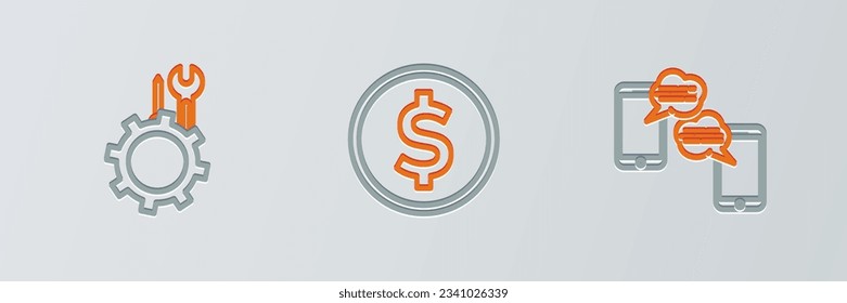 Set line Chat messages on mobile, Wrench and screwdriver in gear and Coin money with dollar icon. Vector