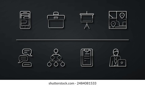 Set line Chat messages on phone, Speech bubble chat, Folded map with location, Clipboard checklist, Hierarchy organogram chart, Briefcase, Businessman and Chalkboard icon. Vector