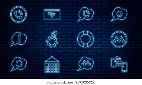 Set line Chat messages on mobile, Five stars rating review, Speech bubble with phone call, Wrench and screwdriver gear, Exclamation, Phone, Lifebuoy and No Internet connection icon. Vector