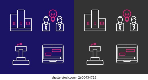 Set line Chat messages on laptop, Stage stand or tribune, People with lamp bulb and Award over winner podium icon. Vector