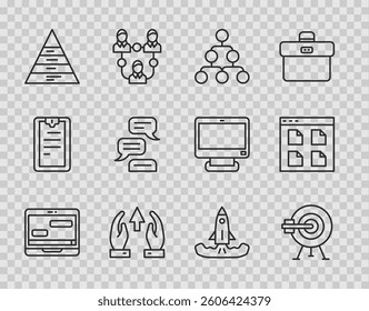 Set line Chat messages on laptop, Target with arrow, Hierarchy organogram chart, Growth and progress, Pyramid infographics, Speech bubble chat, Rocket and Browser files icon. Vector