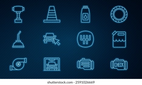 Set line Check engine, Canister for gasoline, motor machine oil, Online car sharing, Gear shifter,  and Traffic cone icon. Vector