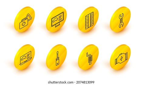 Set line Check engine, Car muffler, Screwdriver, Diagnostics condition of car, Wrench spanner, tire wheel,  and First aid kit and warning triangle icon. Vector