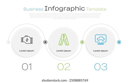 Definir linha Verificar motor, cabo de alimentação do jumper da bateria do carro e serviço. Modelo de infográfico comercial. Vetor