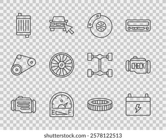 Set line Check engine, Car battery, brake disk with caliper, Motor gas gauge, radiator cooling system, Alloy wheel for car, air filter and  icon. Vector