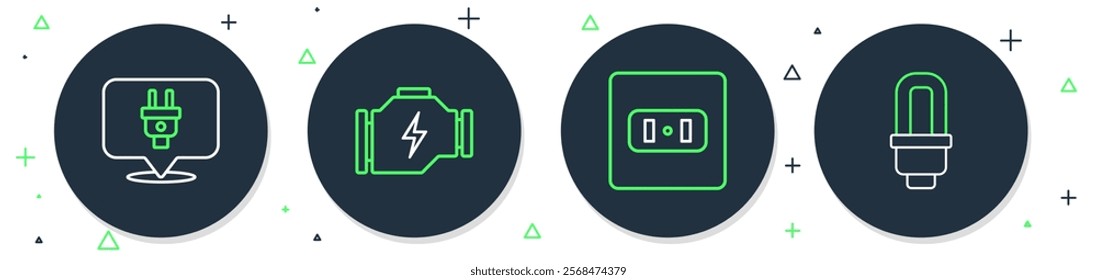 Set line Check engine, Electrical outlet, plug and LED light bulb icon. Vector