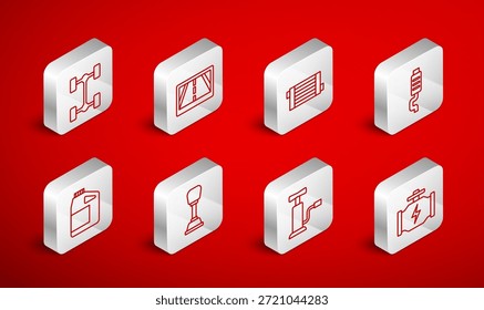 Motor de comprobación de línea, dispositivo GPS con mapa, sistema de refrigeración del radiador del coche, silenciador, bomba de aire, coche del chasis, cambiador de marchas y cartucho para el icono de aceite del motor. Vector