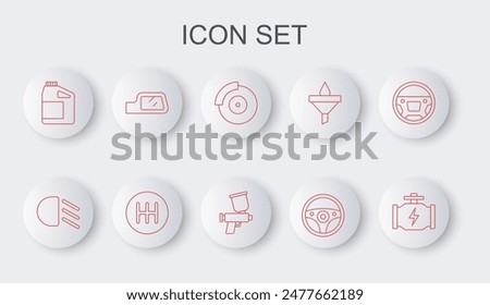 Set line Check engine, High beam, Car brake disk with caliper, Steering wheel, Canister for motor oil, mirror, Gear shifter and Paint spray gun icon. Vector
