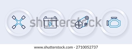 Set line Check engine, Racing track, Car battery and Wheel wrench icon. Vector