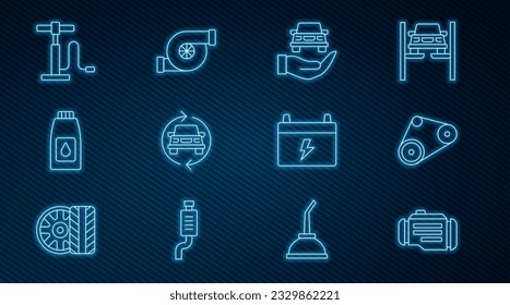 Comprobación de línea, Kit de correa de tiempo, Automóvil de comprobación de servicio automático, Coche, cartucho para aceite de máquina de motor, bomba de aire, batería e icono de turbocompresor de automóvil. Vector