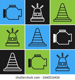 Set line Check engine, Traffic cone and Flasher siren icon. Vector