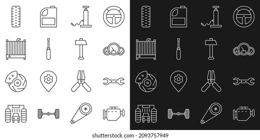 Set line Check engine, Wrench spanner, Speedometer, Car air pump, Screwdriver, radiator cooling system, tire wheel and Hammer icon. Vector