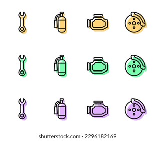 Ajuste el motor de comprobación de línea, el interruptor de llave inglesa, el extintor de incendios y el disco de freno de coche con el icono de la pinza de freno. Vector