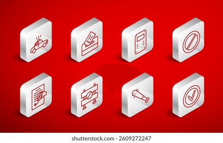 Set line Check mark in round, Vote box, Police assault shield, Ban, Baseball bat with nails, car and flasher, Road barrier and Petition icon. Vector
