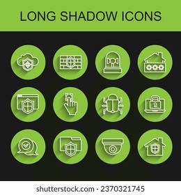 Set line Check mark in speech bubble, Document folder protection, Cloud and shield, Security camera, House under, Fingerprint, Laptop lock and System bug icon. Vector