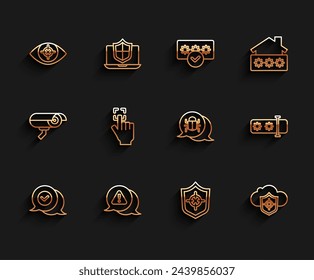 Set line Check mark in speech bubble, Exclamation triangle, Eye scan, Shield, Cloud and shield, Fingerprint, Password protection and System bug icon. Vector