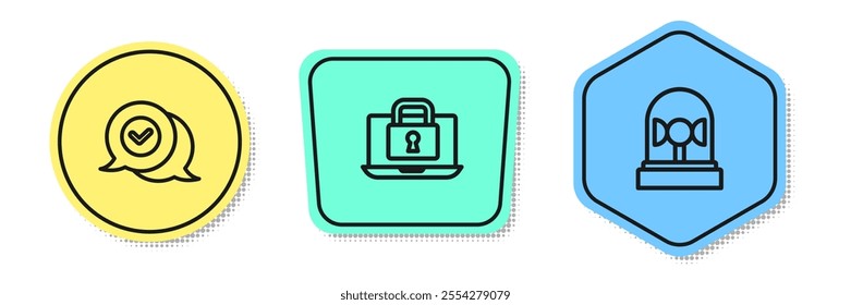 Set line Check mark in speech bubble, Laptop and lock and Flasher siren. Colored shapes. Vector