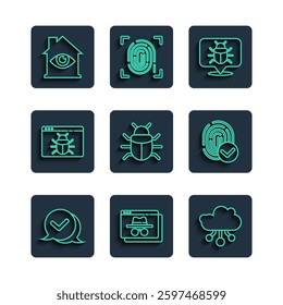 Set line Check mark in speech bubble, Browser incognito window, Internet of things, System bug, House with eye scan and Fingerprint icon. Vector