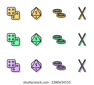 Set line Checker game chips, Game dice,  and Crossed billiard cues icon. Vector