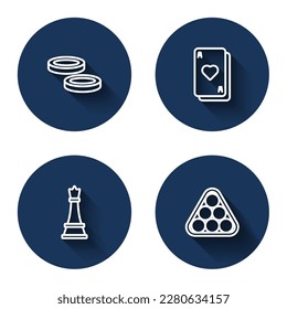 Set line Checker game chips, Playing cards, Chess and Billiard balls triangle with long shadow. Blue circle button. Vector