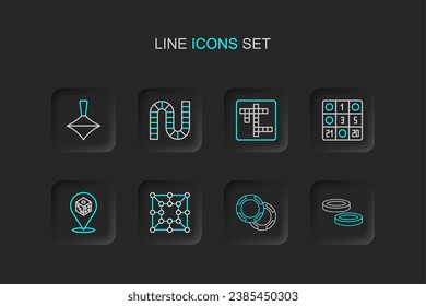 Set line Checker game chips, Casino, Board, Game dice, Bingo card, Crossword,  and Whirligig toy icon. Vector