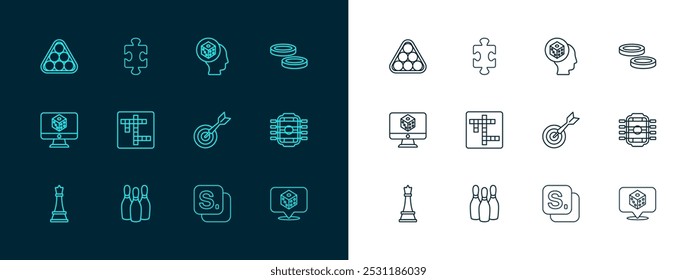 Set line Checker game chips, Bowling pin, Classic dart board and arrow, Bingo, Crossword, Game dice, Billiard balls triangle and Puzzle pieces toy icon. Vector