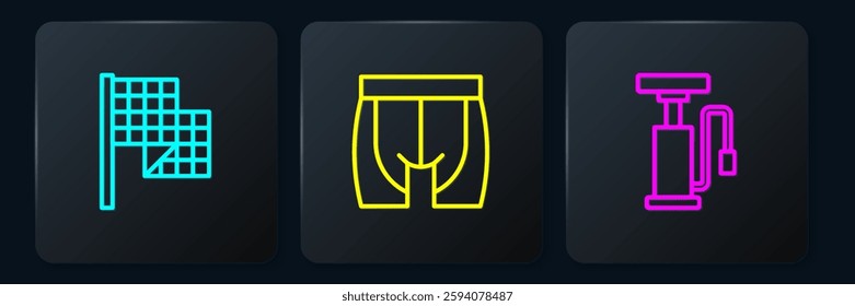 Set line Checkered flag, Bicycle air pump and Cycling shorts. Black square button. Vector