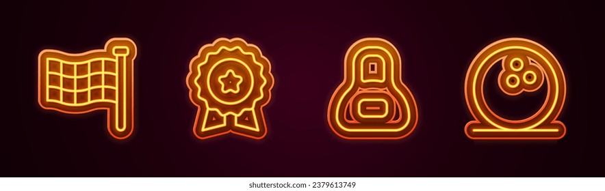 Fijar la bandera de los cuadros, Medalla con estrella, Peso y bola de bolos. Icono de neón brillante. Vector