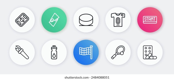 Set line Checkered flag, Ribbon in finishing line, Torch flame, Tennis racket with ball, Football jersey and t-shirt, Hockey puck, Sports doping dumbbell and Fitness shaker icon. Vector