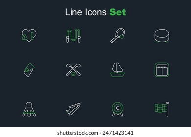 Bandera a cuadros, deporte objetivo, zapatillas de fitness, volante de bádminton, marcador mecánico deportivo, velero de yate, palos de hockey sobre hielo y disco y aletas para icono de natación. Vector