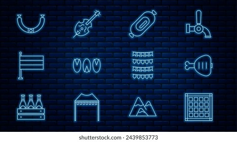 Set line Checkered napkin, Chicken leg, Salami sausage, Pistachio nuts, National Germany flag, Sausage, Carnival garland with flags and Violin icon. Vector