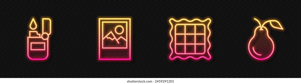 Set line Checkered napkin, Lighter, Photo frame and Pear. Glowing neon icon. Vector