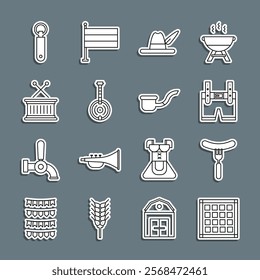 Set line Checkered napkin, Sausage on the fork, Lederhosen, Oktoberfest hat, Banjo, Musical drum and sticks, Bottle opener and Smoking pipe icon. Vector