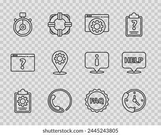 Set line Checklist with 24 hours service, Telephone support, Browser setting, Stopwatch, Location gear, Label text FAQ and Speech bubble Help icon. Vector