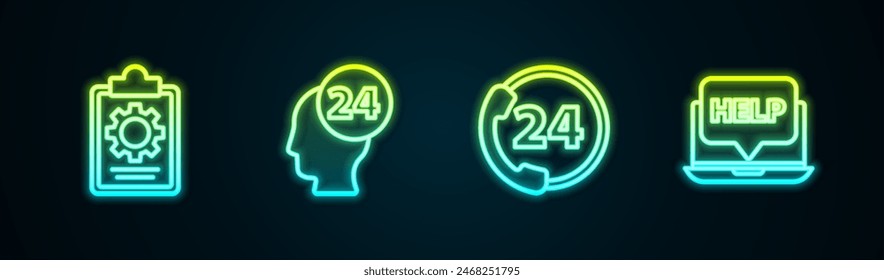 Fije la lista de verificación de la línea con el servicio 24 horas, el operador de Asistencia en contacto, la Asistencia telefónica y el ordenador portátil y ayuda. Icono de neón brillante. Vector