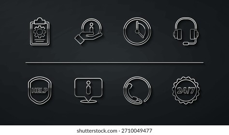 Set line Checklist with 24 hours service, Shield text Help, Headphones, Telephone support, Information, Clock and Time Management icon. Vector