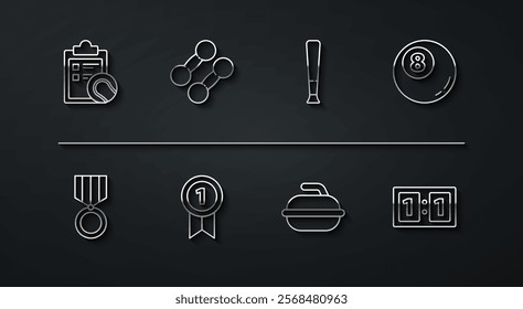 Set line Checklist clipboard and tennis ball, Medal, Billiard pool snooker, Stone for curling sport game, Dumbbell, Sport mechanical scoreboard and Baseball bat icon. Vector