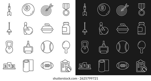 Set line Checklist clipboard and tennis ball, Racket for playing table, Sports nutrition, Target with arrow, Bowling pin, Fencing, Dart and Stone curling sport game icon. Vector