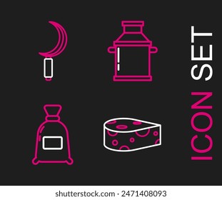 Set line Cheese, Bag of flour, Can container for milk and Sickle icon. Vector