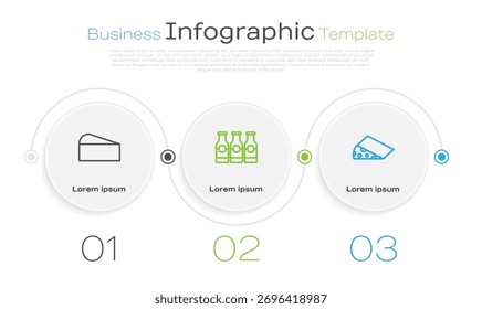 Definir linha Queijo, Garrafa com leite e . Modelo de infográfico comercial. Vetor