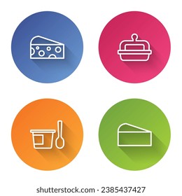 Set line Cheese, Butter in a butter dish, Yogurt container with spoon and . Color circle button. Vector