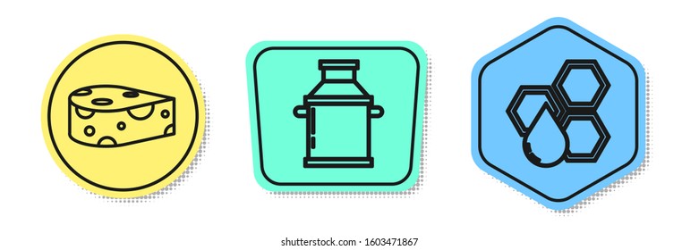 Set line Cheese, Can container for milk and Honeycomb. Colored shapes. Vector