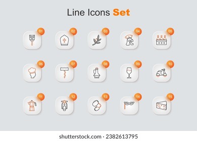 Set line Cheese, Carnival mask, Olives, Scooter, Coffee maker moca pot, Wine glass and Bottle olive oil icon. Vector