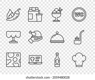 Set line Cheese, Chef hat, Ice cream in bowl, Online ordering and delivery, Hot chili pepper pod, Roasted turkey chicken, Wine bottle and Kitchen ladle icon. Vector