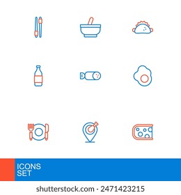 Set line Cheese, Chicken leg, Plate, fork and knife, Scrambled egg, Bottle of wine, Salami sausage, Taco with tortilla and Mortar pestle icon. Vector