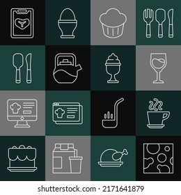 Set line Cheese, Coffee cup, Wine glass, Cupcake, Kettle with handle, Knife spoon, Restaurant cafe menu and Ice cream bowl icon. Vector